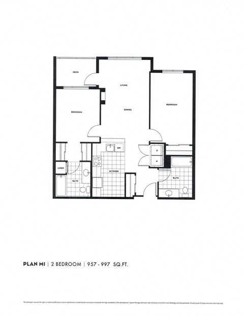 Floor plan for 2 beds, 2 baths, 997 sqft